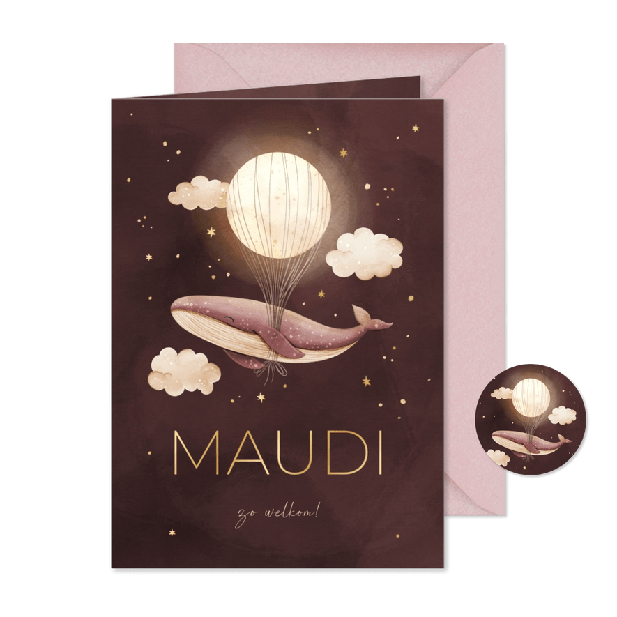 Geboortekaartje walvis roze met maan en foliedruk sterren - Kaartimpressie