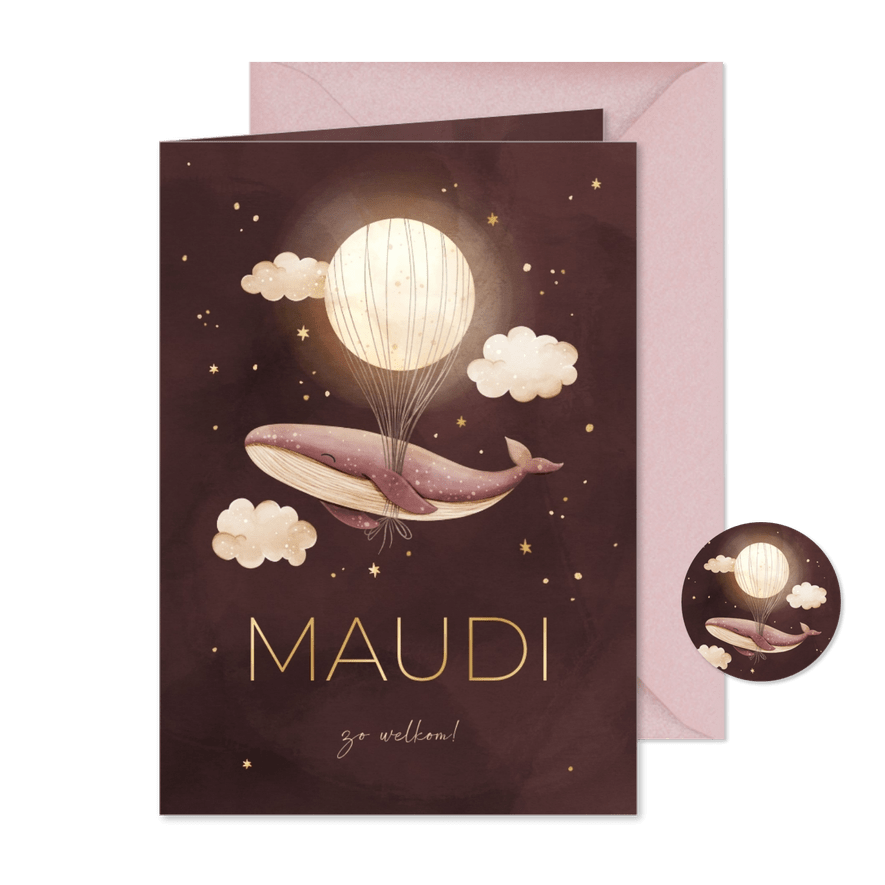Geboortekaartje walvis roze met maan en foliedruk sterren - Kaartimpressie