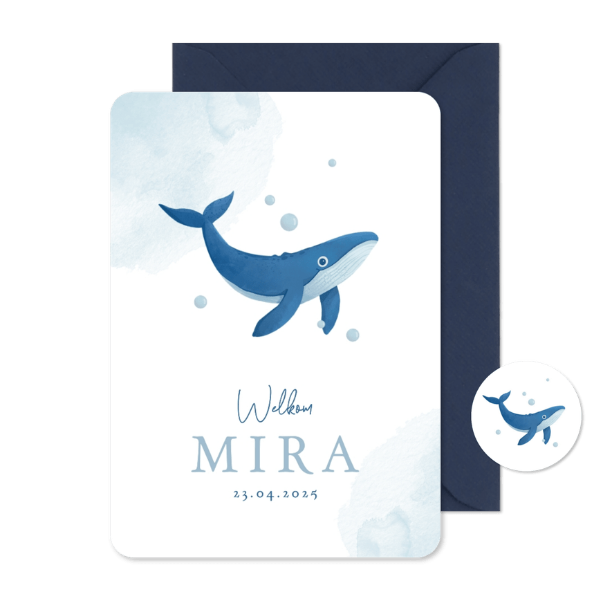 Geboortekaartje walvis waterverf bubbels schattig - Kaartimpressie