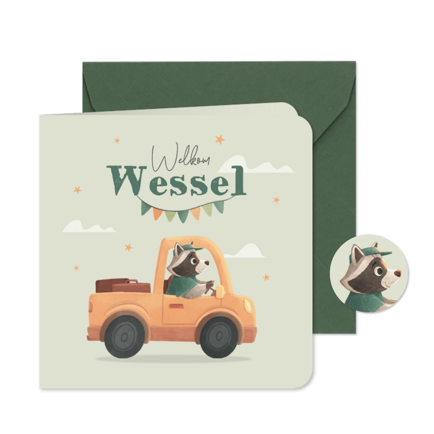 Geboortekaartje wasbeer auto stoer lief slinger wolken ster - Kaartimpressie