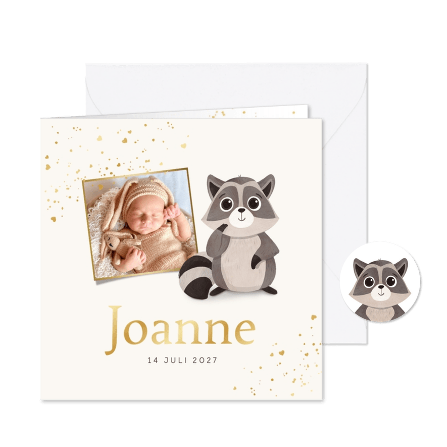 Geboortekaartje wasbeertje foto goud hartjes unisex - Kaartimpressie