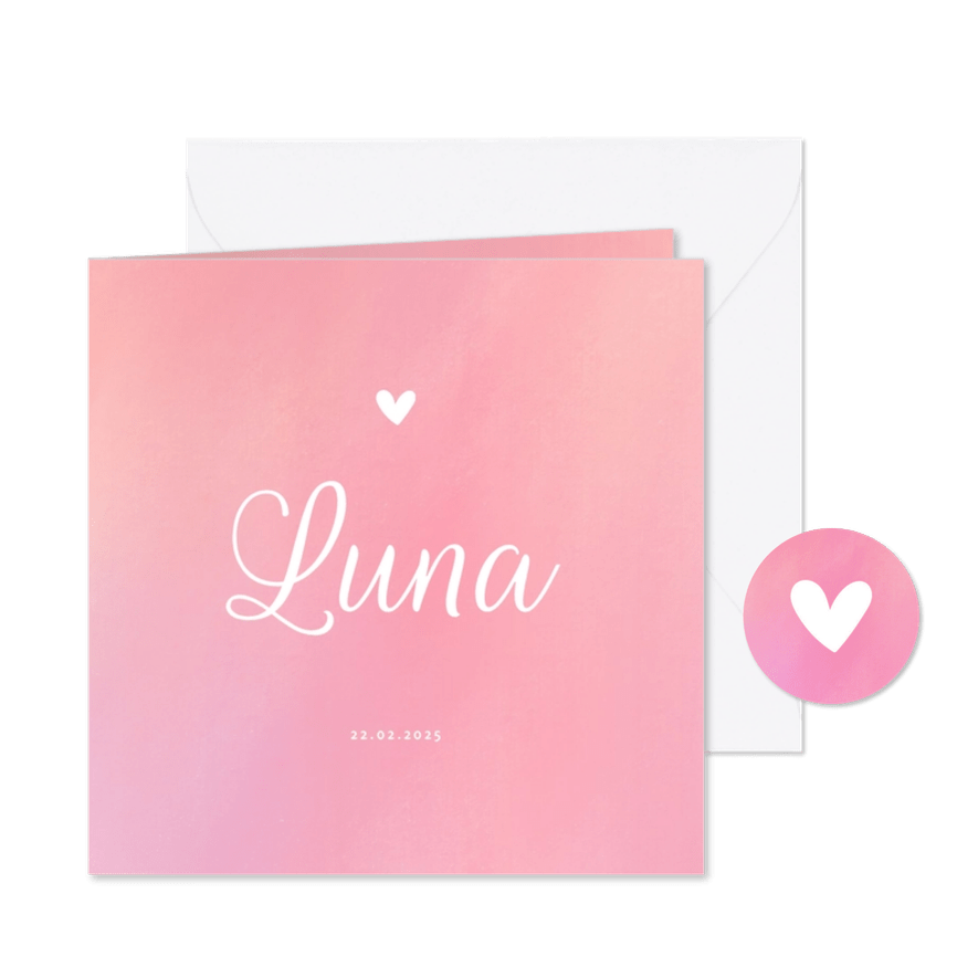 Geboortekaartje waterverf achtergrond met simpel wit hartje - Kaartimpressie