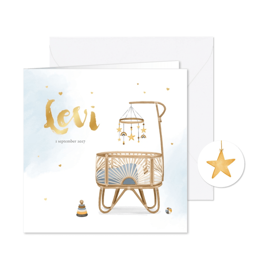 Geboortekaartje waterverf blauw rotan wiegje hartjes jongen - Kaartimpressie