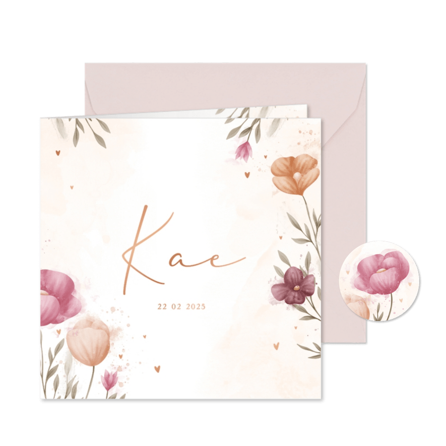 Geboortekaartje waterverf bloemen met koperen hartjes - Kaartimpressie