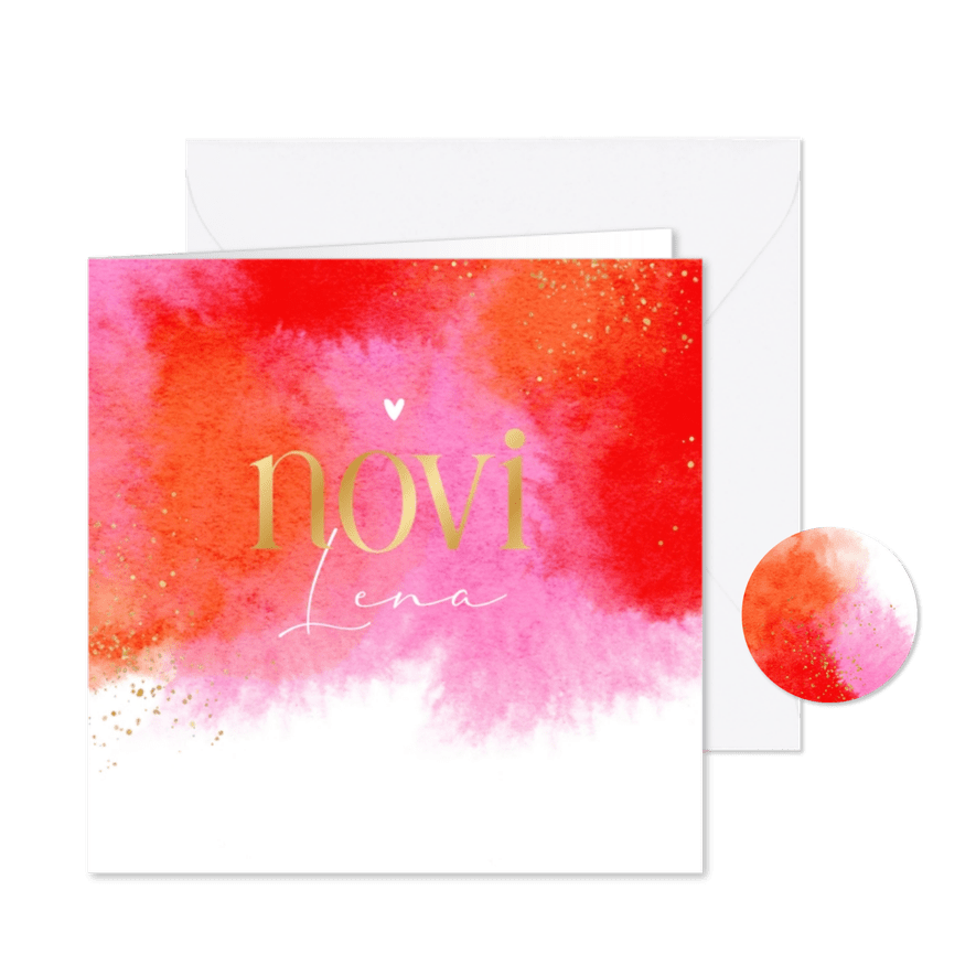 Geboortekaartje waterverf kleurrijk roze rood goud - Kaartimpressie