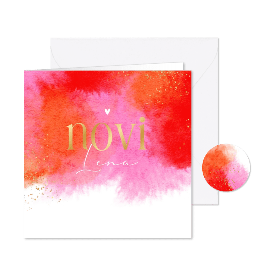 Geboortekaartje waterverf kleurrijk roze rood goud - Kaartimpressie