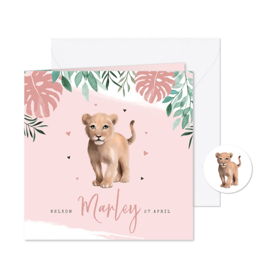 Geboortekaartje waterverf leeuwtje jungle botanisch meisje - Kaartimpressie
