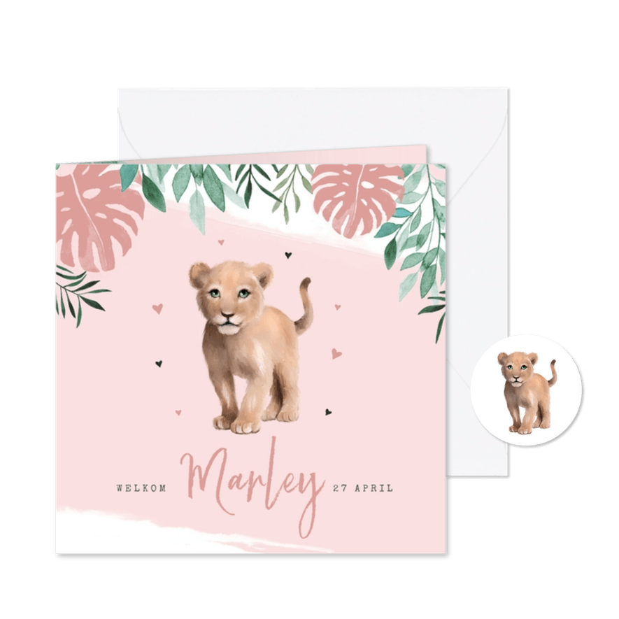 Geboortekaartje waterverf leeuwtje jungle botanisch meisje - Kaartimpressie