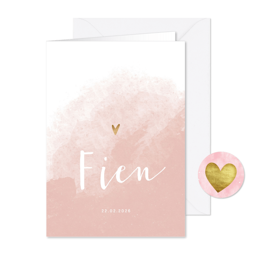 Geboortekaartje waterverf met gouden hartje - Kaartimpressie