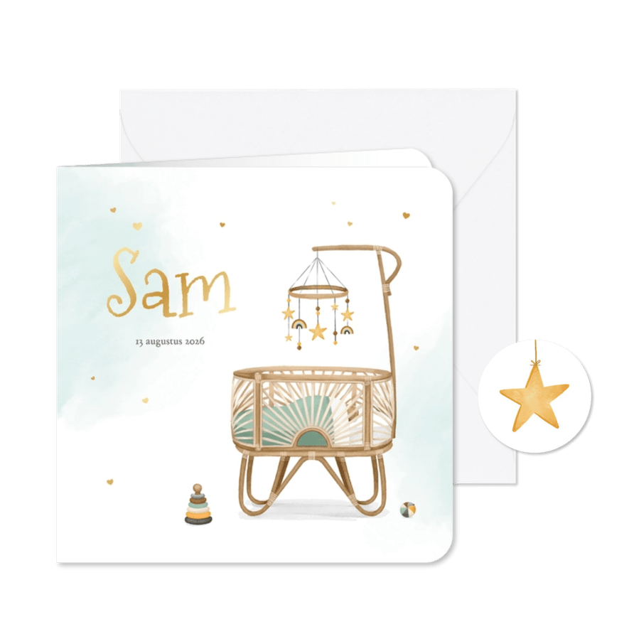 Geboortekaartje waterverf mint rotan wiegje hartjes - Kaartimpressie
