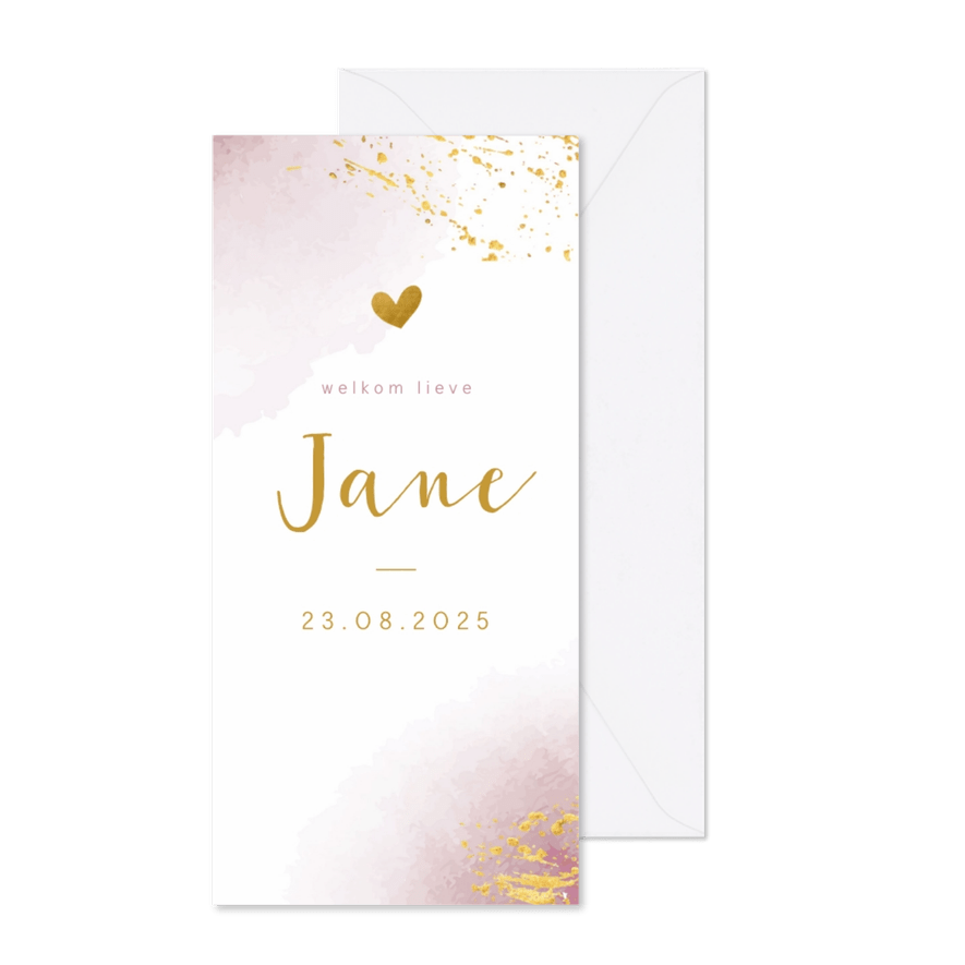 Geboortekaartje waterverf roze met goudspetters - Kaartimpressie