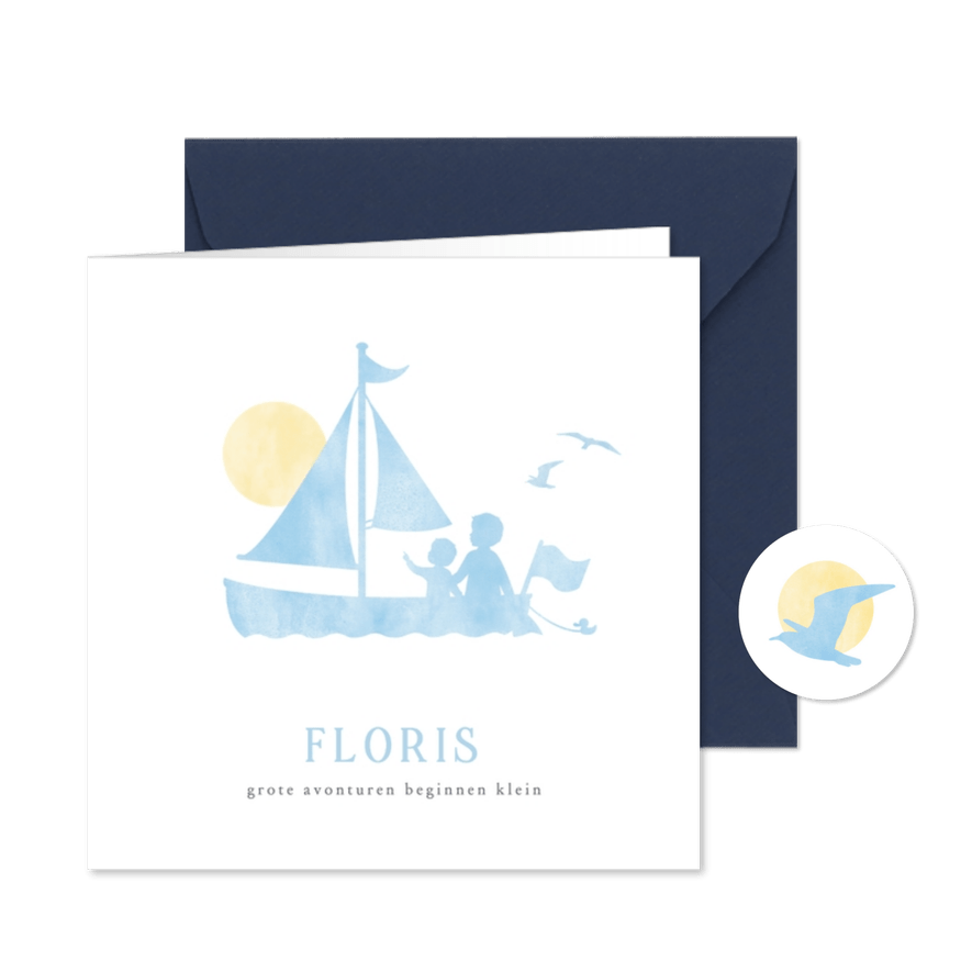 Geboortekaartje waterverf silhouet broertjes in zeilboot - Kaartimpressie