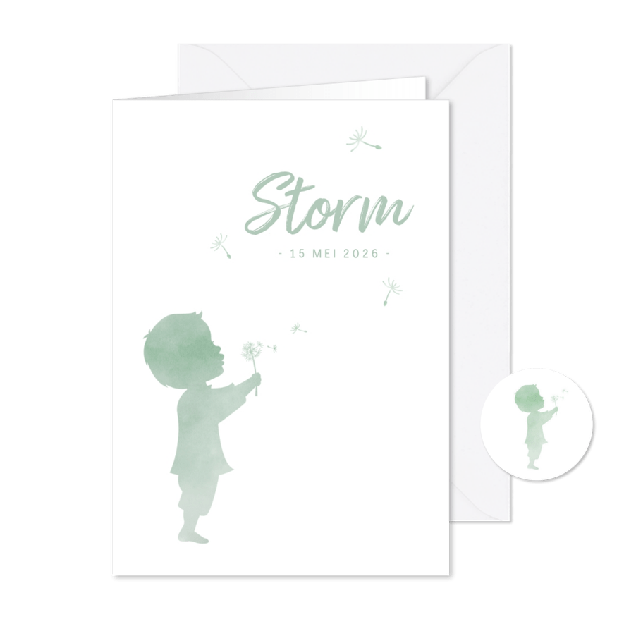 Geboortekaartje waterverf silhouet jongen met paardenbloem - Kaartimpressie