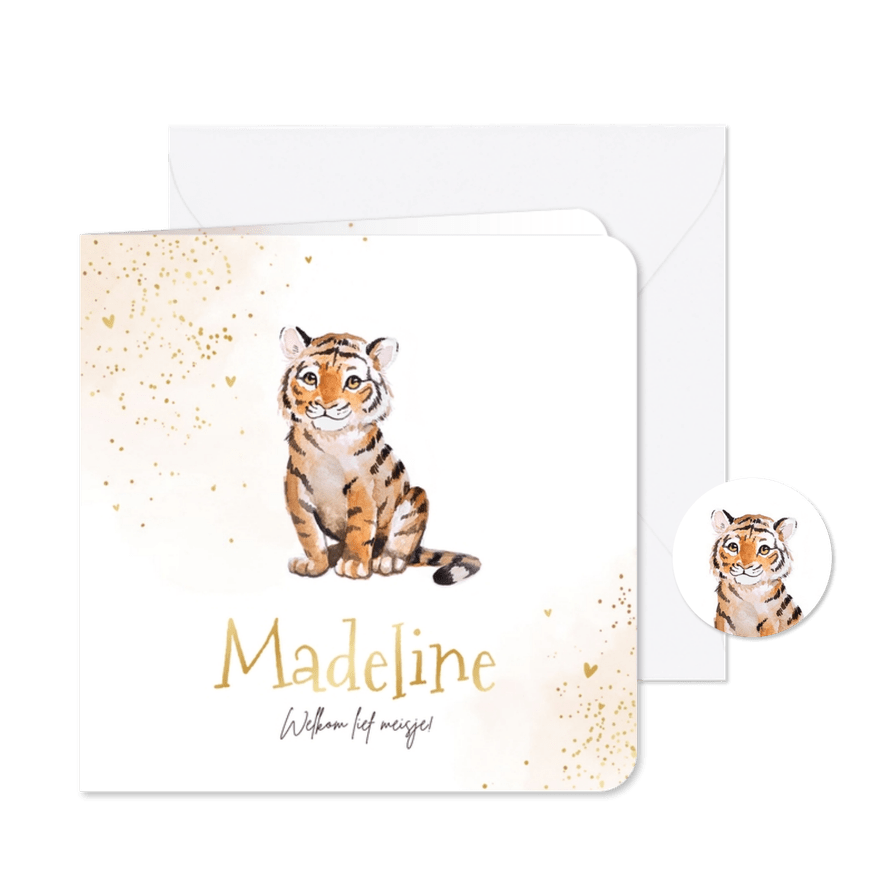 Geboortekaartje waterverf tijgertje hartjes goud zand - Kaartimpressie