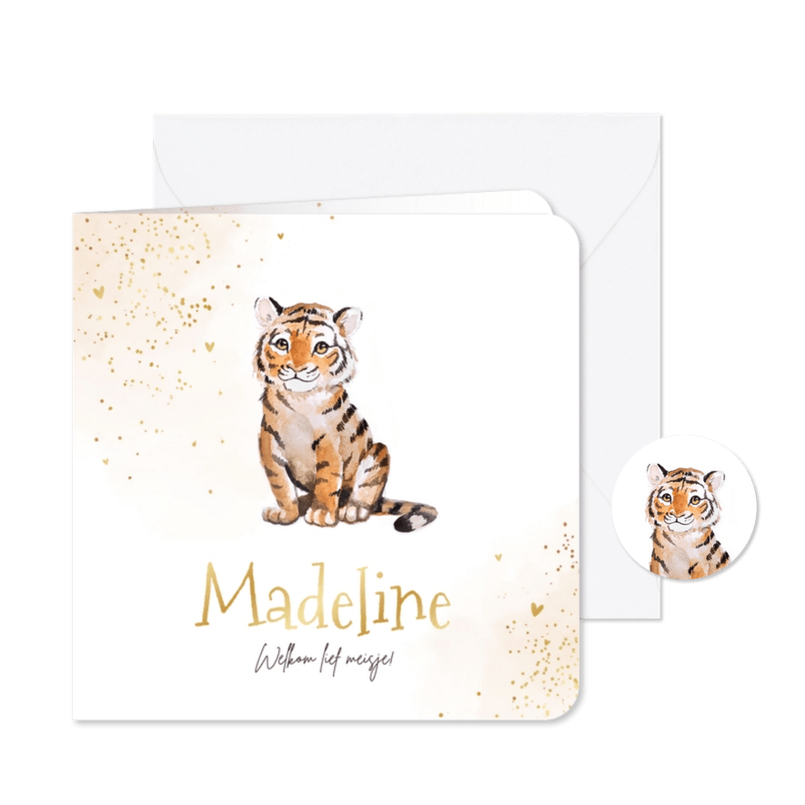Geboortekaartje waterverf tijgertje hartjes goud zand - Kaartimpressie