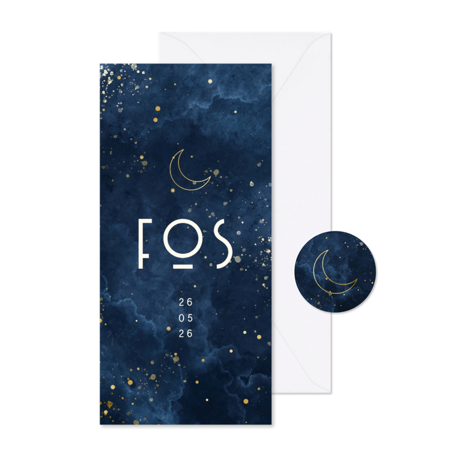 Geboortekaartje waterverf wolkjes met gouden maan  - Kaartimpressie