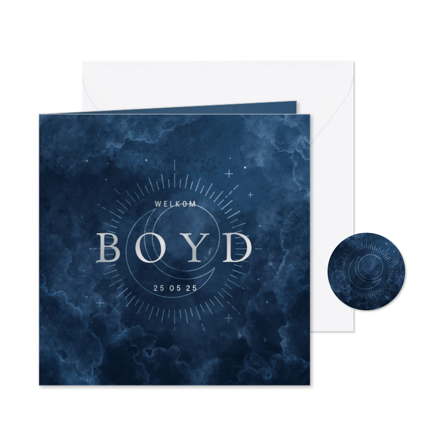 Geboortekaartje waterverf wolkjes met maan en zon - Kaartimpressie