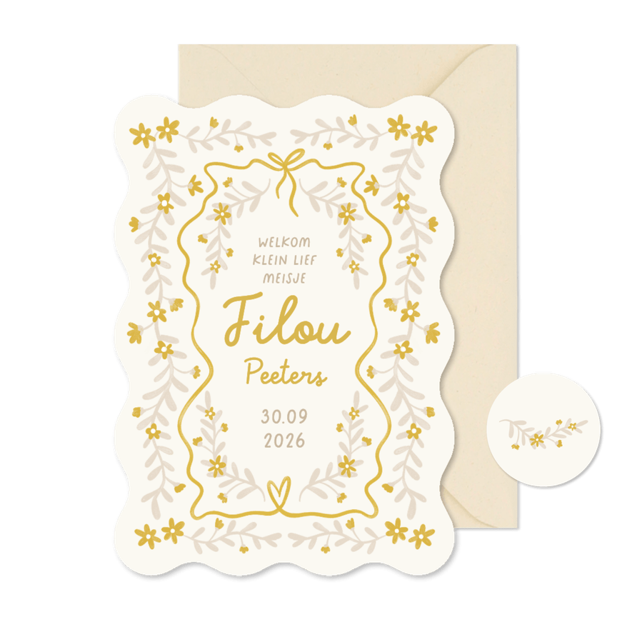 Geboortekaartje wave hip patroon bloemen geel kamille - Kaartimpressie