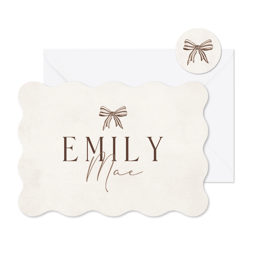 Geboortekaartje wave strikje beige gestreept stijlvol lief - Kaartimpressie