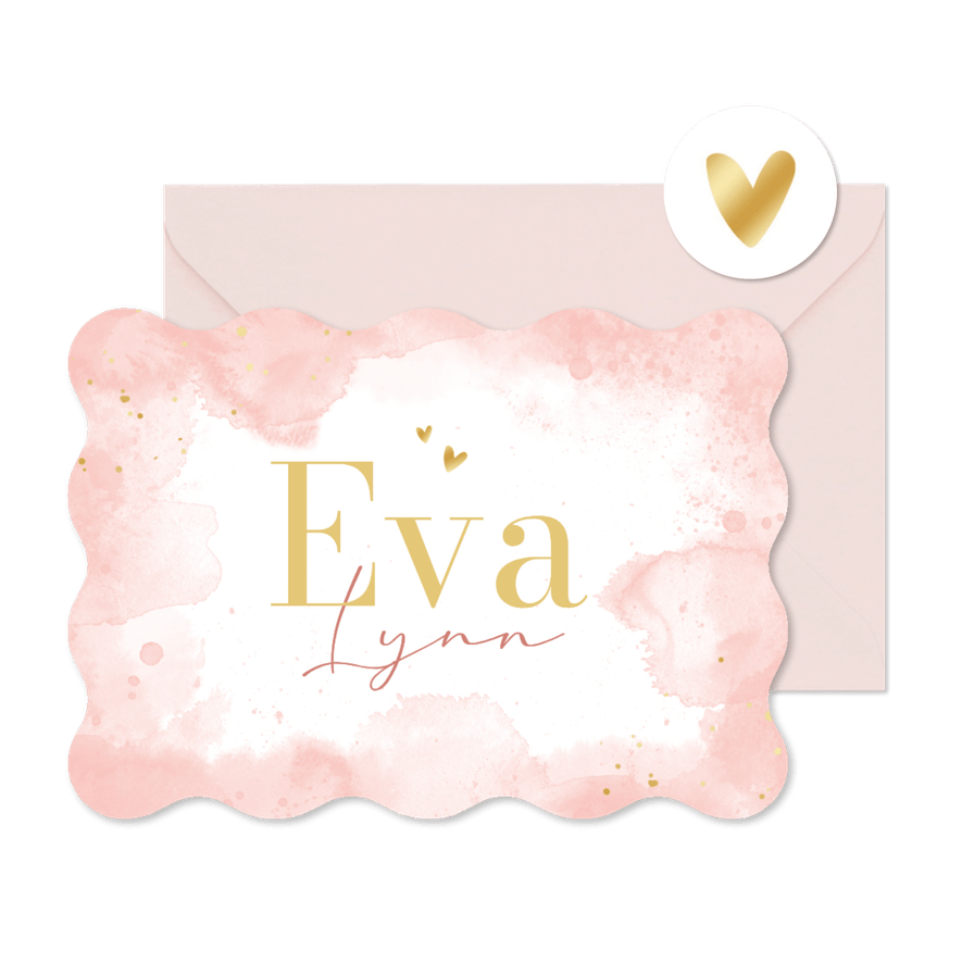 Geboortekaartje wave vorm roze waterverf goud hartje - Kaartimpressie