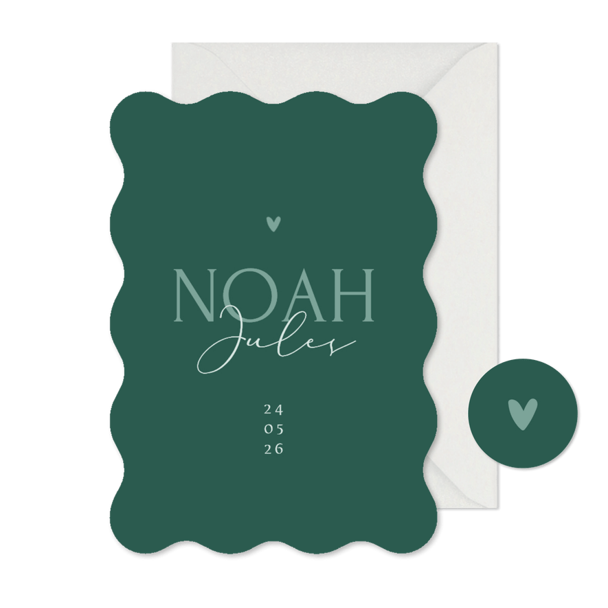 Geboortekaartje wave vorm stijlvol groen jongen hartje - Kaartimpressie