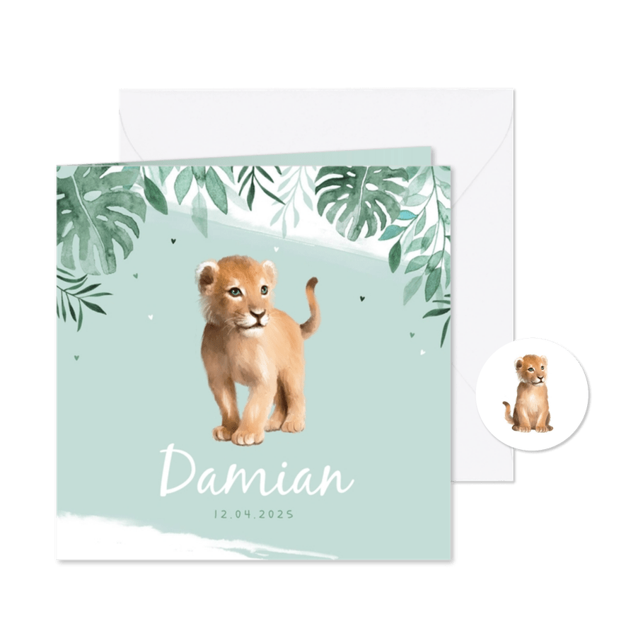 Geboortekaartje welpje leeuw jungle bladeren illustratie - Kaartimpressie