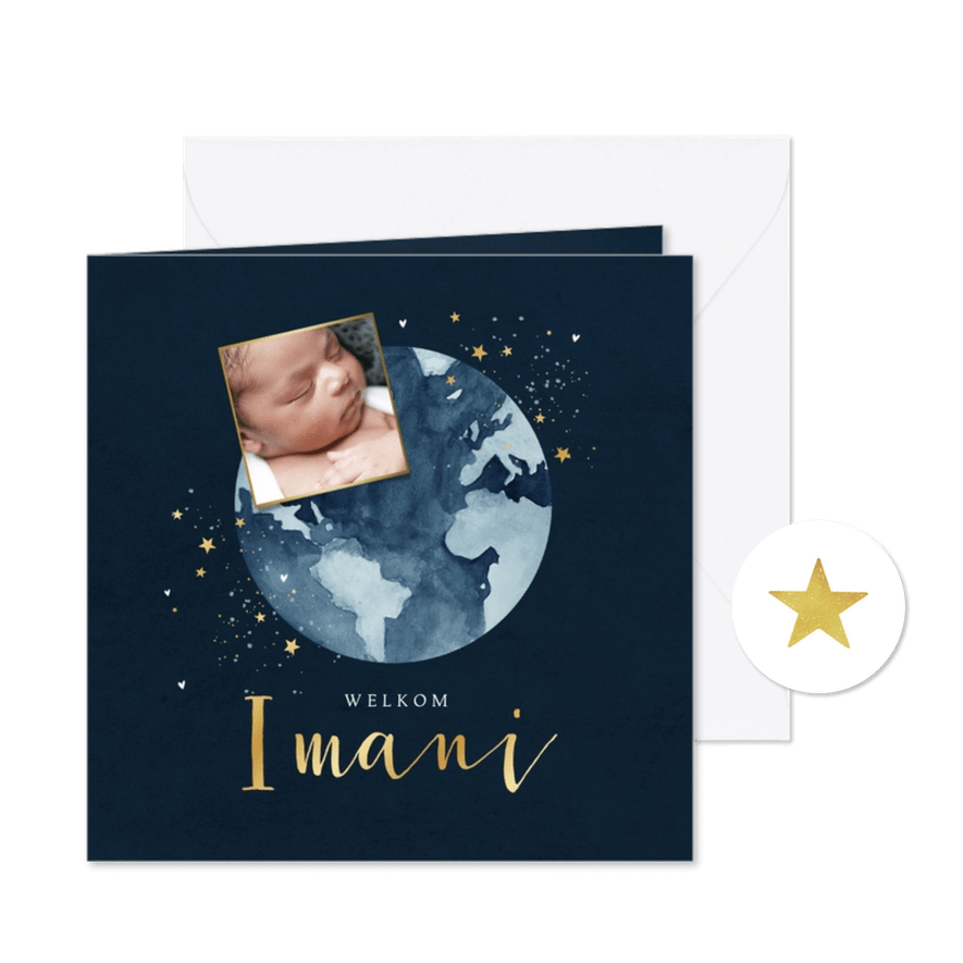 Geboortekaartje wereldbol goud sterretjes waterverf  - Kaartimpressie