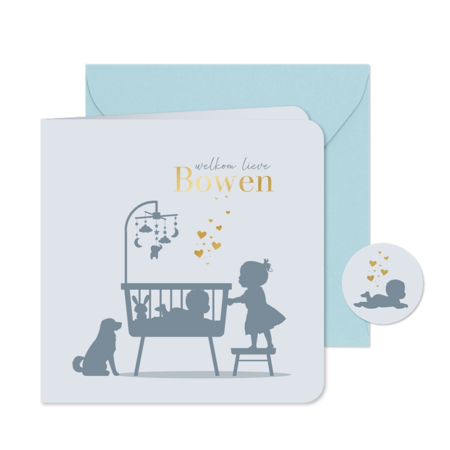 Geboortekaartje wiegje met baby en zusje blauw - Kaartimpressie