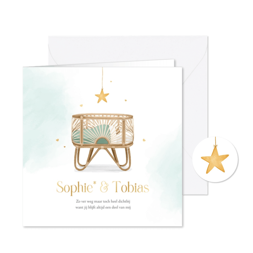 Geboortekaartje wiegje tweeling sterretje hartjes goud - Kaartimpressie