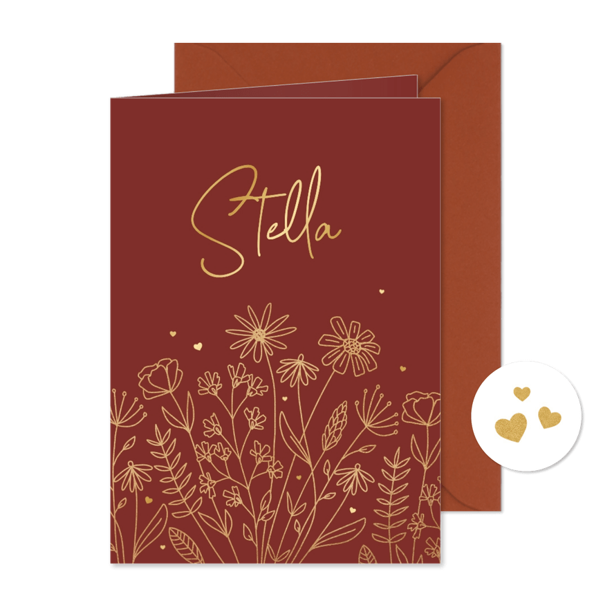 Geboortekaartje wilde bloemen goud lijntekening hartjes - Kaartimpressie