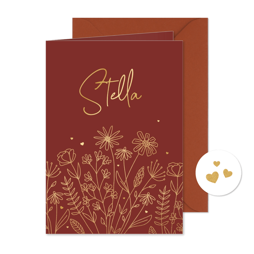 Geboortekaartje wilde bloemen goud lijntekening hartjes - Kaartimpressie
