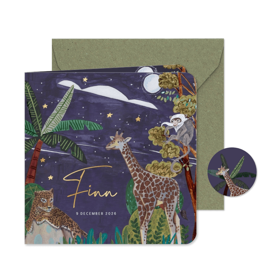 Geboortekaartje wilde dieren in de jungle in de nacht - Kaartimpressie