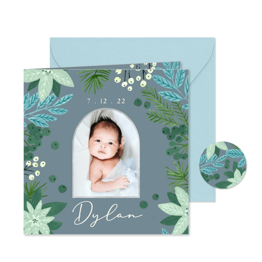 Geboortekaartje winter bloemen blauw - Kaartimpressie