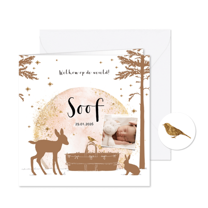 Geboortekaartje winter bosdieren maan goudlook wiegje - Kaartimpressie