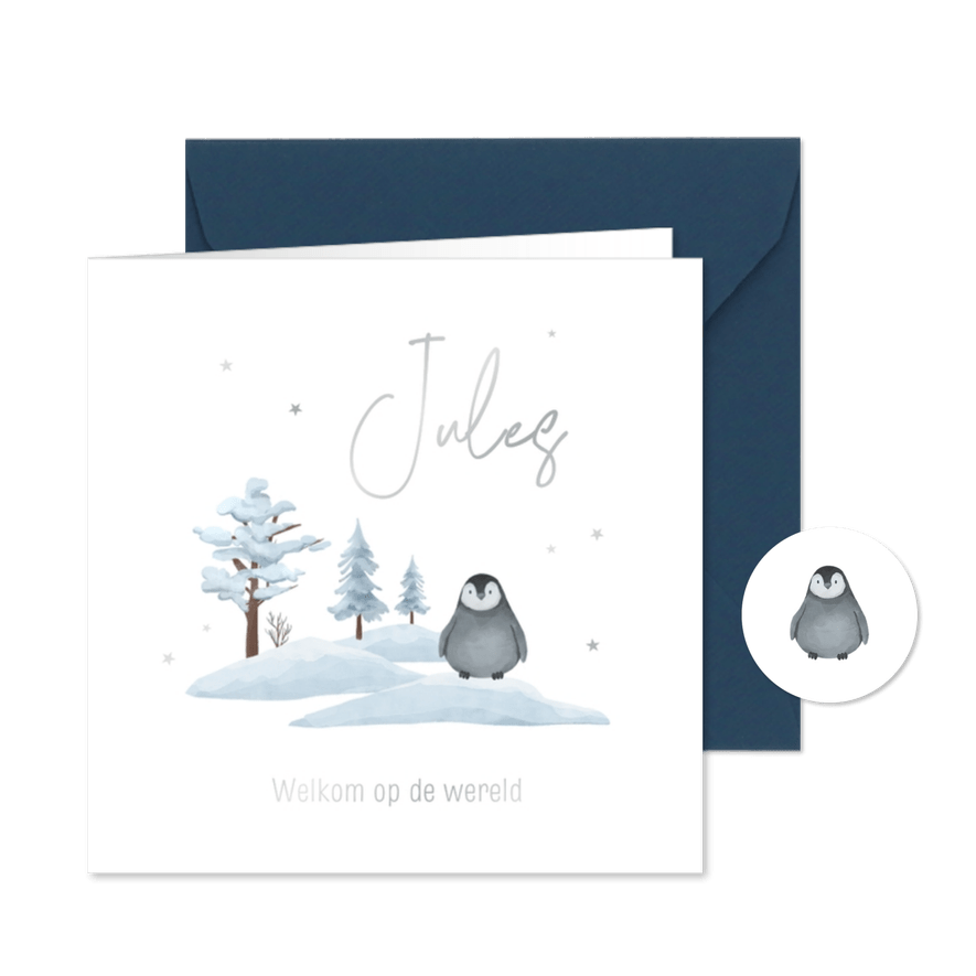 Geboortekaartje winter illustratie pinguïn sneeuw zilver - Kaartimpressie