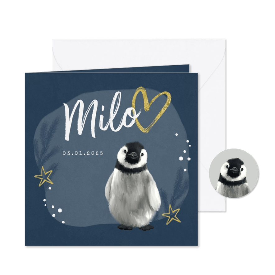 Geboortekaartje winter pinguin goud sterren hartje - Kaartimpressie