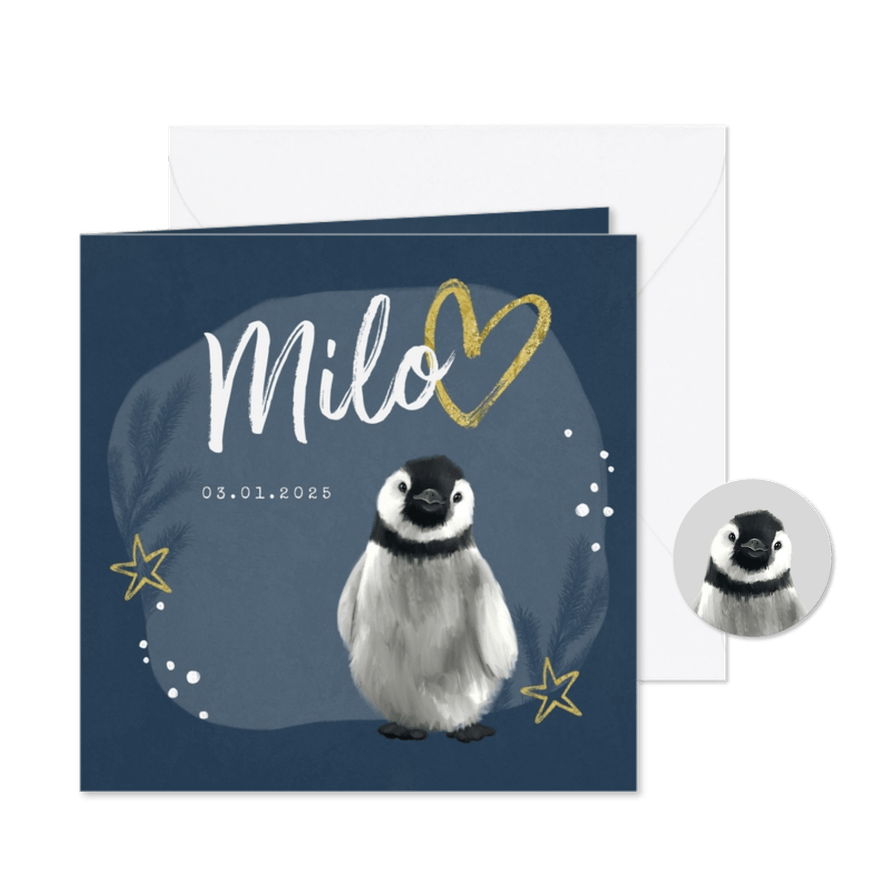 Geboortekaartje winter pinguin goud sterren hartje - Kaartimpressie