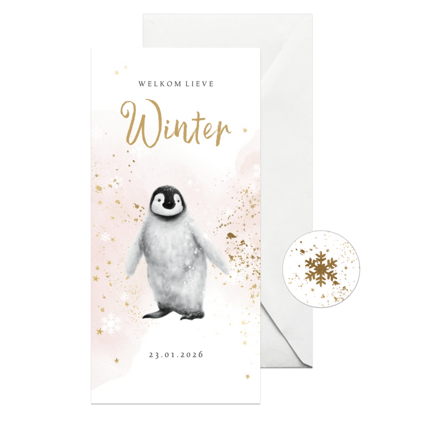 Geboortekaartje winter pinguïn watercolour spetter goudlook - Kaartimpressie