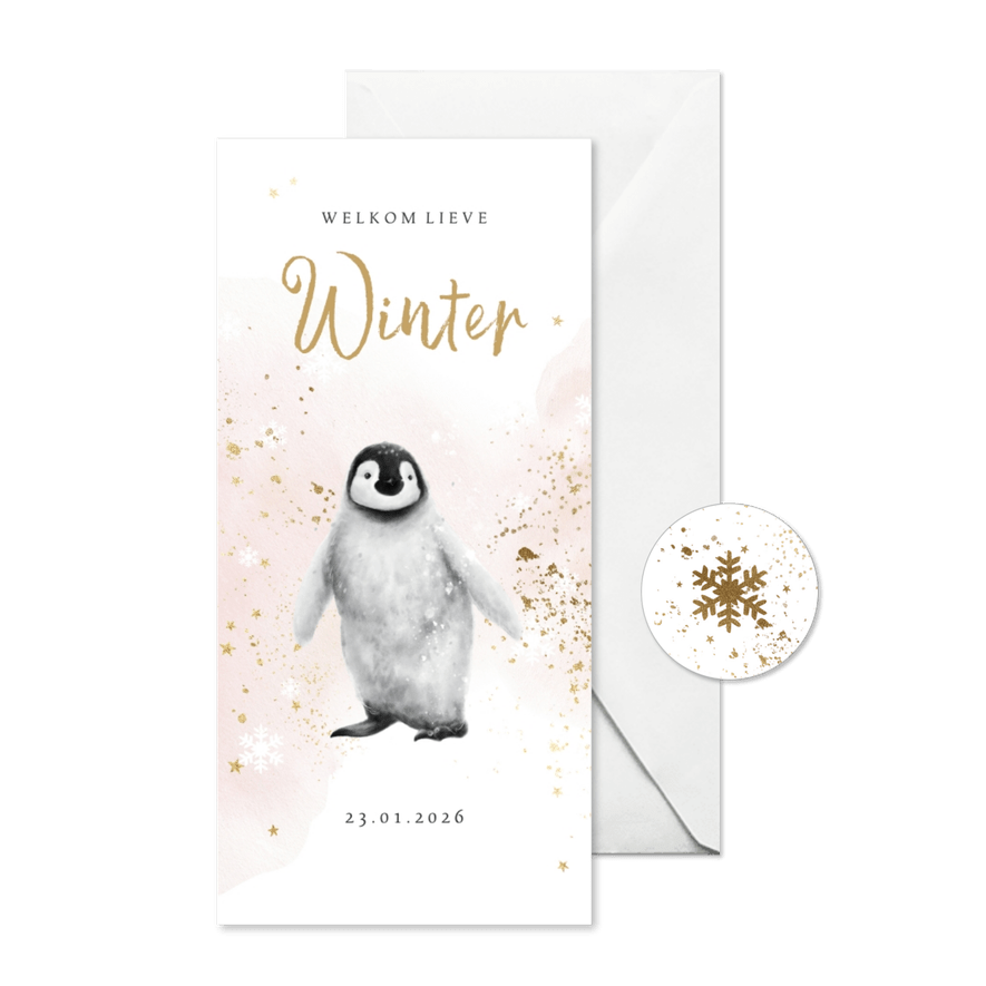 Geboortekaartje winter pinguïn watercolour spetter goudlook - Kaartimpressie