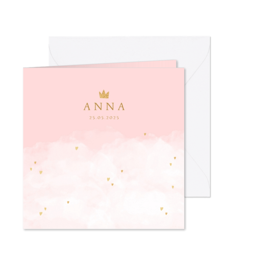Geboortekaartje wolken hartjes kroontje meisje - Kaartimpressie