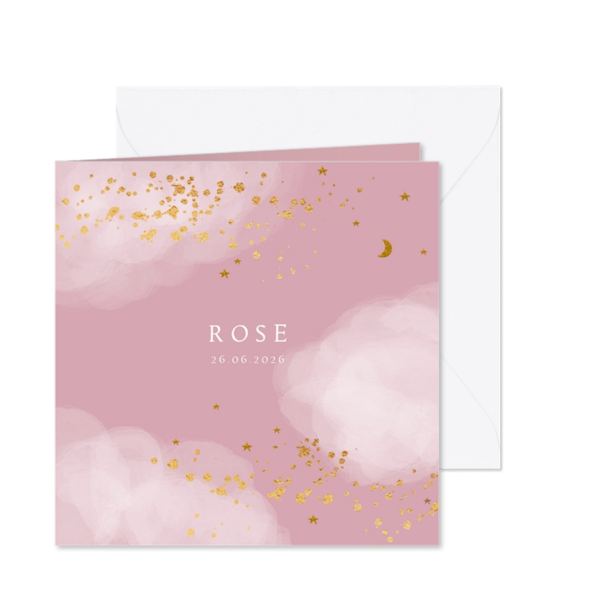 Geboortekaartje wolken sterren maan goudlook meisje - Kaartimpressie