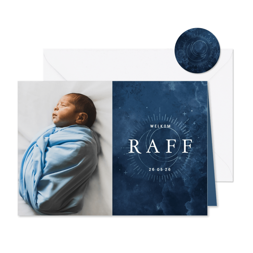 Geboortekaartje wolkjes met foto, maan en zon  - Kaartimpressie