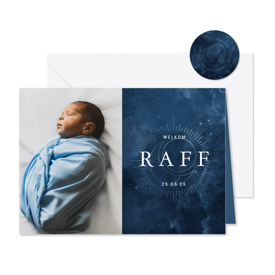 Geboortekaartje wolkjes met foto, maan en zon - Kaartimpressie