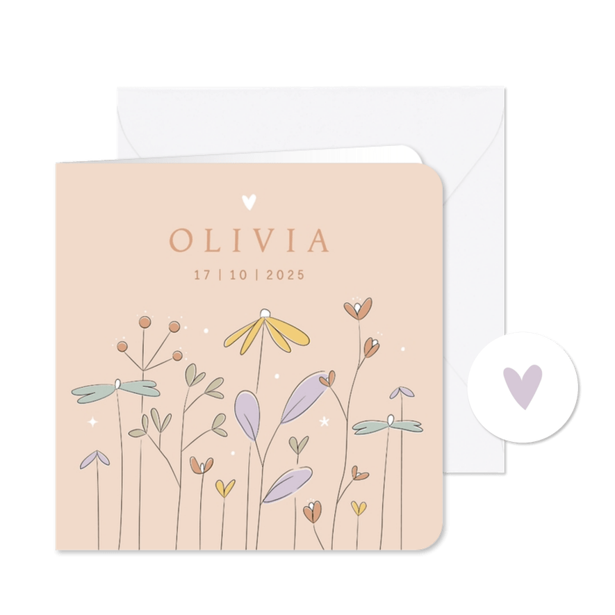 Geboortekaartje zacht pastel handgetekende wilde bloemen - Kaartimpressie
