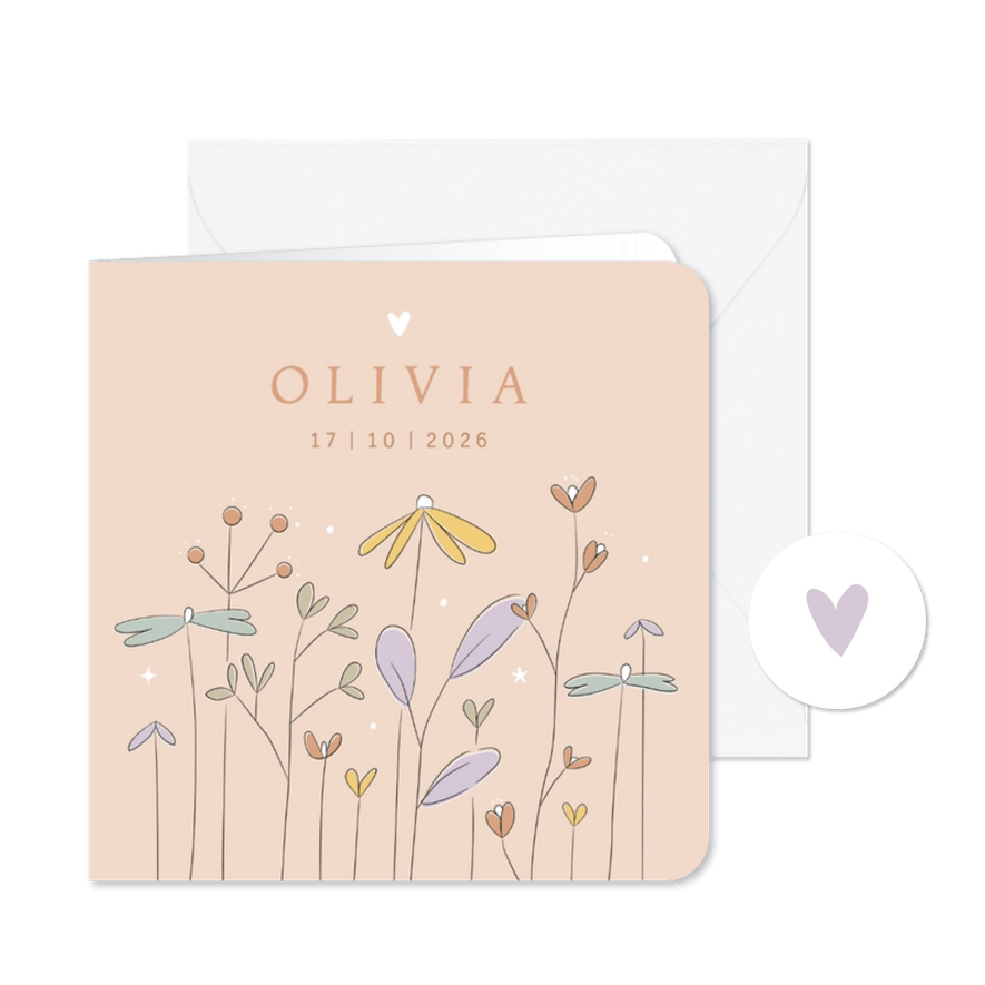 Geboortekaartje zacht pastel handgetekende wilde bloemen - Kaartimpressie