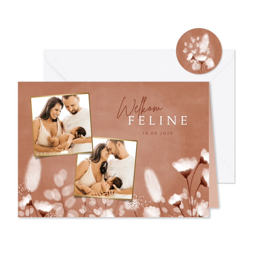 Geboortekaartje zachte kleuren met droogbloemen en foto's - Kaartimpressie