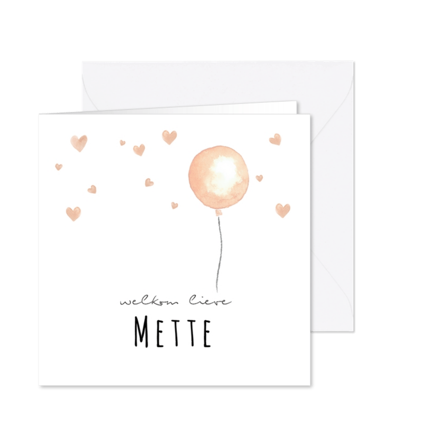 Geboortekaartje zalmroze waterverf ballon en hartjes - Kaartimpressie