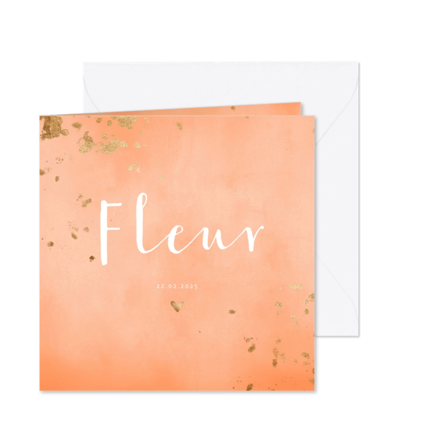 Geboortekaartje zalmroze waterverf gouden spetters - Kaartimpressie