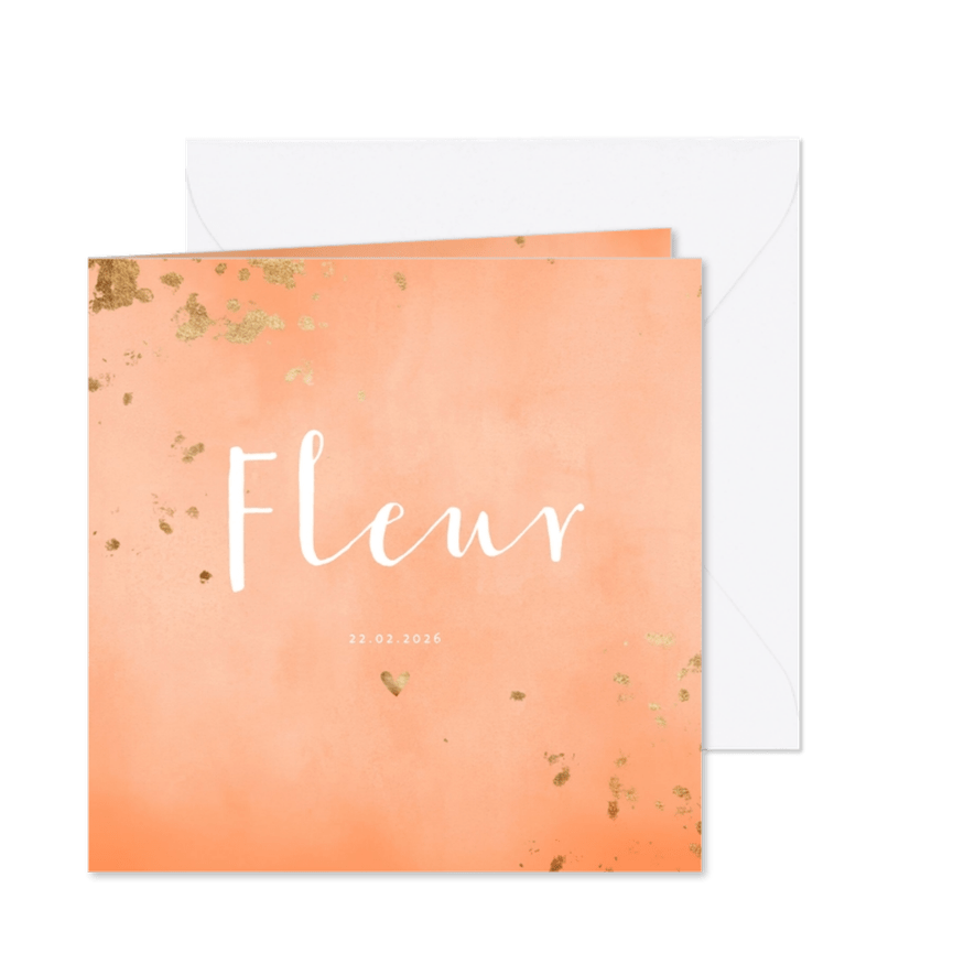 Geboortekaartje zalmroze waterverf gouden spetters - Kaartimpressie