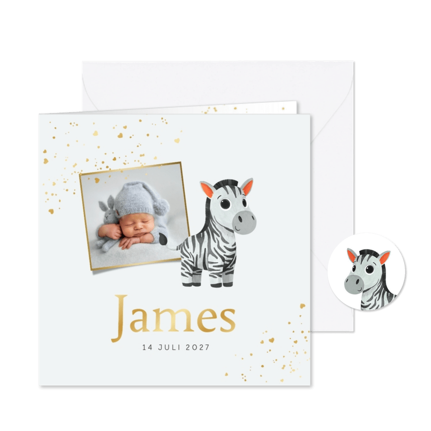 Geboortekaartje zebra foto goud hartjes jongen - Kaartimpressie